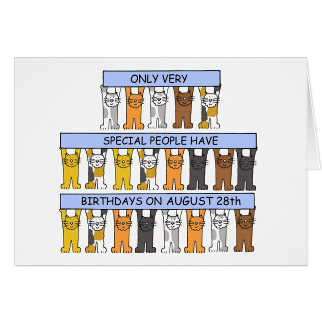 August 28th Birthday, Cute Cartoon Cats. (Front Horizontal)
