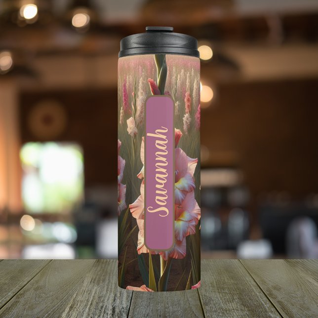 August Birth Flower Gladiolus Personalised 16 oz Thermal Tumbler (Personalized 20 oz Thermal Tumbler With Birth Flower Gladiolus Design for the Month of August.)