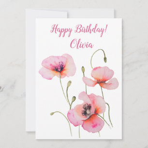 August birth flower Pink poppies Watercolor Floral Holiday Card