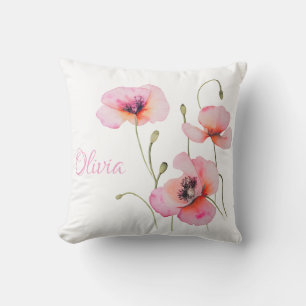 August birth flower Pink poppy Watercolor Floral Cushion