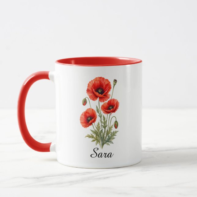 August Birth Flower Poppy Mug (Left)