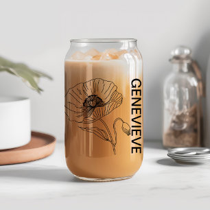 August Birth Flower Poppy with Custom Name Can Glass