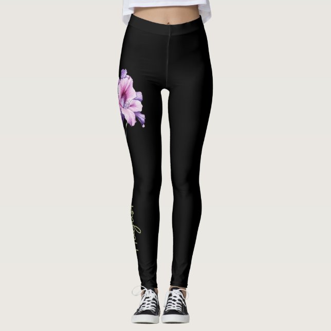 August Birth Flower, Purple Gladiolus on Black Leggings (Front)