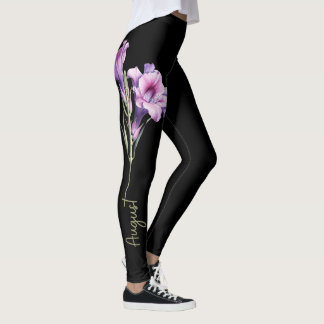 August Birth Flower, Purple Gladiolus on Black Leggings