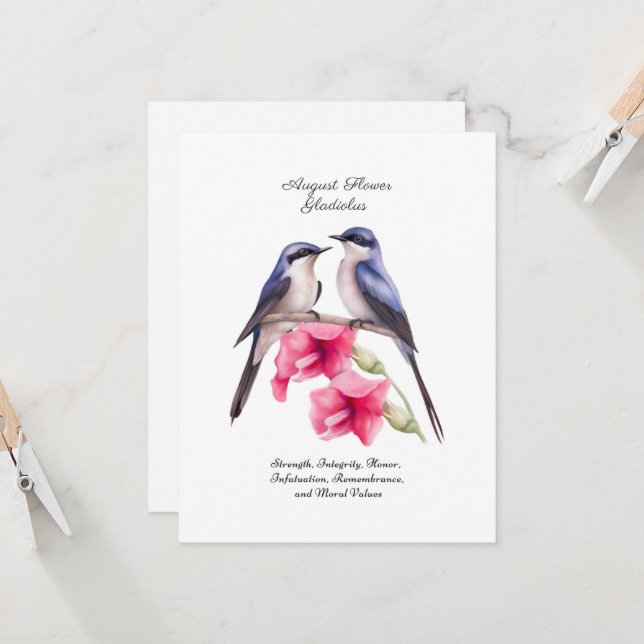  August Birth Month Flower Gladiolus with Birds (Front/Back In Situ)