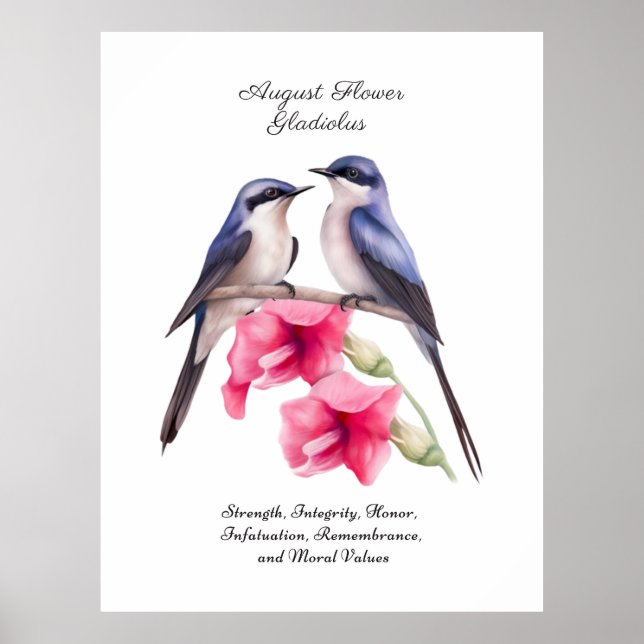  August Birth Month Flower Gladiolus with Birds Poster (Front)