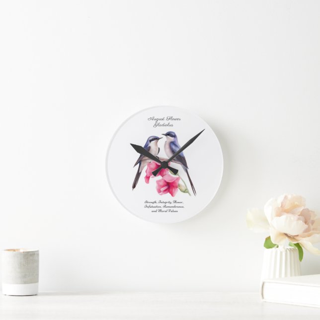  August Birth Month Flower Gladiolus with Birds Round Clock (Home)