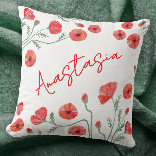 August Birth Month Flower Poppy Personalized Cushion