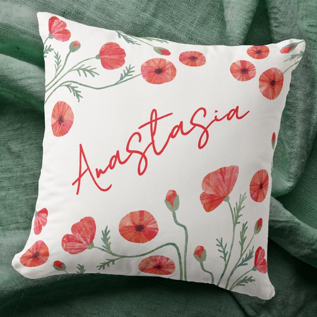 August Birth Month Flower Poppy Personalized Cushion (August birthday birth flower month poppy personalized custom name throw pillow gift)