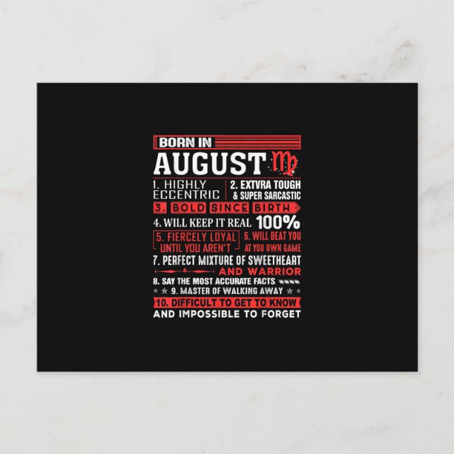 August Birthday Gifts - Born In August Virgo Announcement Postcard (Front)