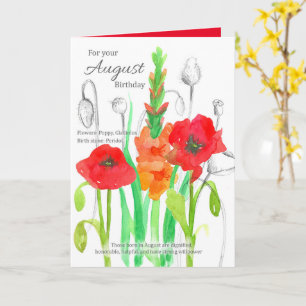 August Birthday Gladiolus Red Poppy Birth Flowers Card