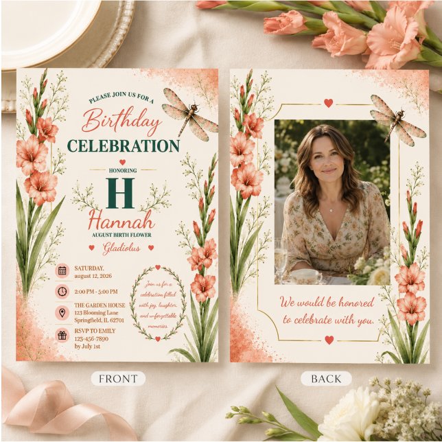 August Gladiolus Dragonfly Birthday Invitation (Creator Uploaded)