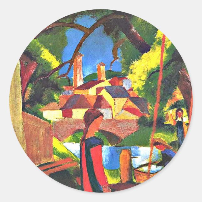 August Macke painting, Children at the Fountain, Classic Round Sticker (Front)