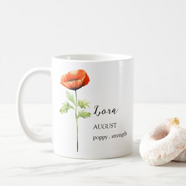 AUGUST POPPY BIRTH FLOWER MONTH NAME GIFT COFFEE MUG (With Donut)