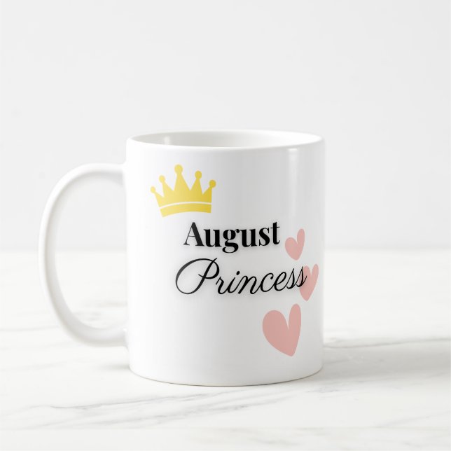 August Princess Mug – Gold Crown & Hearts Design (Left)