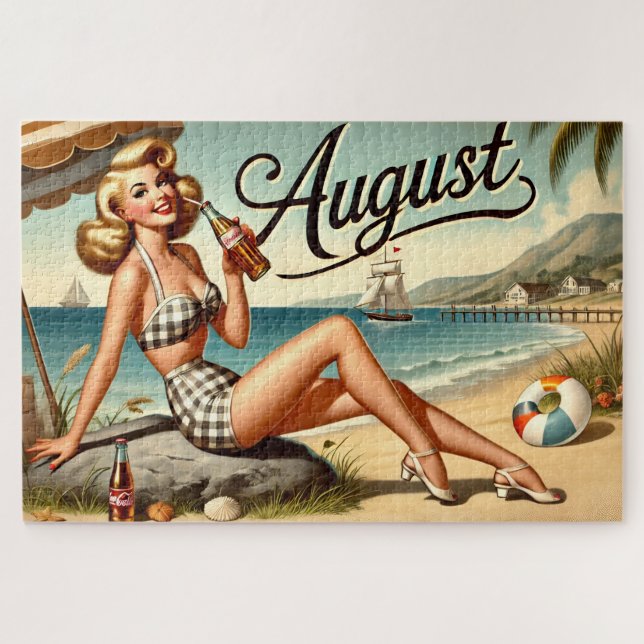 August Retro Beachside Pin-Up Girl Vibes Jigsaw Puzzle (Horizontal)
