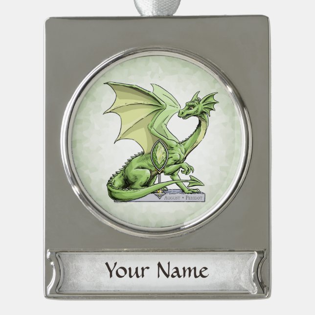 August’s Birthstone Dragon: Peridot Silver Plated Banner Ornament (Front)