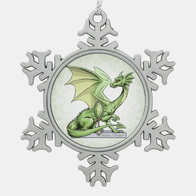 August’s Birthstone Dragon: Peridot Snowflake Pewter Christmas Ornament (Front)
