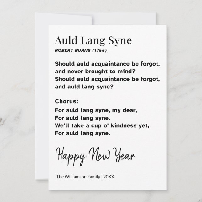 Auld Lang Syne Lyrics New Year Personalised Holiday Card (Front)