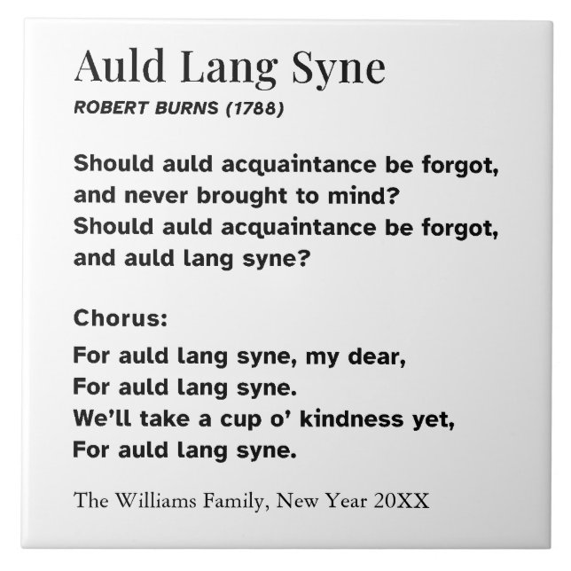 Auld Lang Syne New Year Party Words Personalized Ceramic Tile (Front)