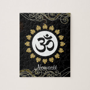 Aum Symbol Mantra Meditation Black and Gold Jigsaw Puzzle
