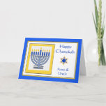 Aunt and Uncle Chanukah Contemporary Menorah Card<br><div class="desc">Happy Chanukah Aunt and Uncle,  contemporary menorah with blue candles,  paper greeting card. Digital illustration with a lit menorah and a Star of David. Art,  image,  and verse copyright © Shoaff Ballanger Studios,  2024.</div>