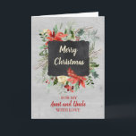 Aunt and Uncle Merry Christmas Card<br><div class="desc">Merry Christmas greeting card for aunt and uncle with vintage watercolor flowers and cardinal,  chalkboard and wood patterns,  wish your aunt and uncle well this holiday season with this elegant greeting card.</div>