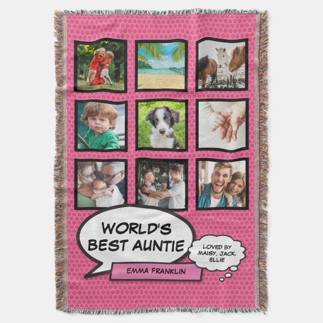 Aunt Auntie Comic Book Fun Pink Photo Collage  Throw Blanket (Front Vertical)