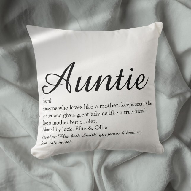 Aunt Auntie Definition Black and White Chic Script Cushion (Aunt Auntie Definition Black and White Chic Script Throw Pillow)