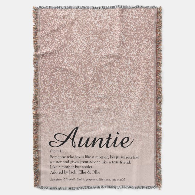 Aunt Auntie Definition Script Rose Gold Glitter Throw Blanket (Front Vertical)