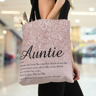 Aunt Auntie Definition Script Rose Gold Glitter Tote Bag