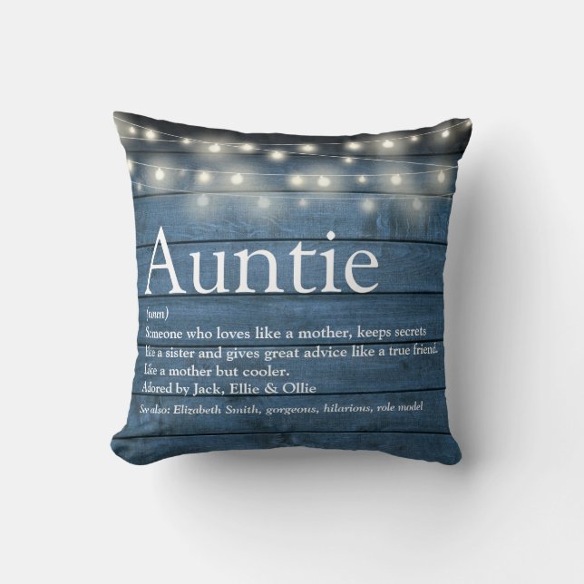 Aunt Auntie Definition String Lights Blue Rustic Cushion (Front)