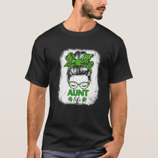 Aunt Clover Messy Bun Leopard Funny St Patrick's D T-Shirt