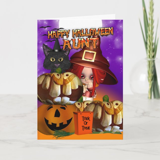 Aunt Halloween witch cat pumpkin jack o lantern Card (Front)