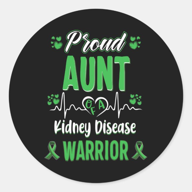 Aunt Kidney Disease Warrior Awareness Ribbon Green Classic Round Sticker (Front)