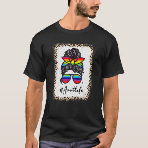 Aunt Life Bleached Auntlife Leopard Messy Bun Moth T-Shirt