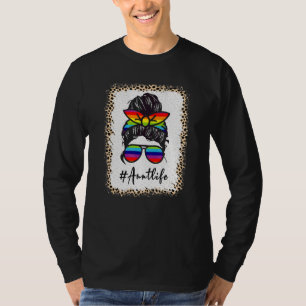 Aunt Life Bleached Auntlife Leopard Messy Bun Moth T-Shirt