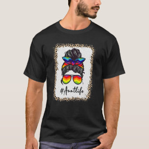 Aunt Life Bleached Auntlife Leopard Messy Bun Moth T-Shirt