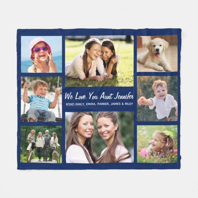 Aunt Love You Photo Collage Personalised Blue Fleece Blanket (Front (Horizontal))