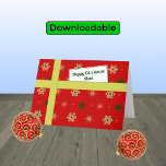 Aunt modern red Christmas parcel Holiday Card<br><div class="desc">Personal Christmas greetings for your aunt. The card has the appearance of a parcel with a colourful pattern of stylised snowflakes in golden and green colours on a red background. The parcel is tied with a golden 'ribbon', and has a 'gift tag' with the message "Happy Christmas Aunt". Inside the...</div>