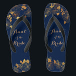 Aunt of the Bride Gold Foliage Navy Blue Thongs<br><div class="desc">These gorgeous Aunt of the Bride gold foliage navy blue flip flops have a dark blue background that is adorned with an intricate gold floral greenery pattern and customisable modern typography. The combination of the rich navy and the shimmering gold create an elegant and luxurious aesthetic. It's a beautiful gift...</div>