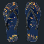 Aunt of the Bride Gold Foliage Navy Blue Thongs<br><div class="desc">These gorgeous Aunt of the Bride gold foliage navy blue flip flops have a dark blue background that is adorned with an intricate gold floral greenery pattern and customisable modern typography. The combination of the rich navy and the shimmering gold create an elegant and luxurious aesthetic. It's a beautiful gift...</div>