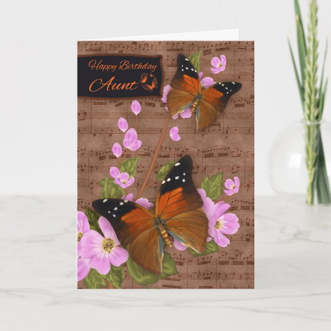 Aunt, with Flipper Butterfly On Pink Apple Blossom Card (Front)