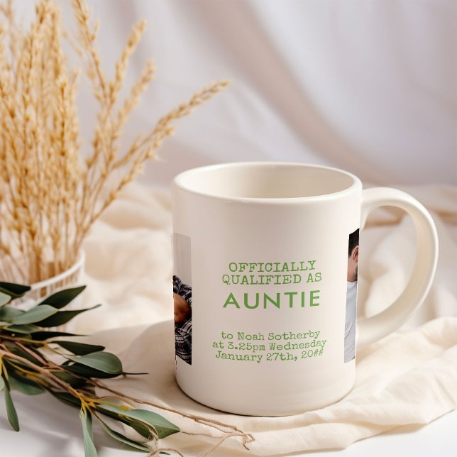 Auntie 2 Custom Baby Photos and Birth Stats Coffee Mug (Auntie baby birth announcement photo mug)