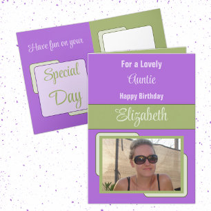 Auntie add name photo purple green birthday card
