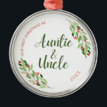 Auntie and Uncle first Christmas  Metal Ornament<br><div class="desc">Celebrate the new auntie and uncle with this red and green modern watercolor Christmas holly design  - simply customise it with the year or click “customise further” to add more text,  change the background colour or add a photo.</div>