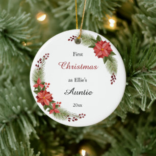 Auntie Baby Photo First Christmas Floral Ceramic Ornament