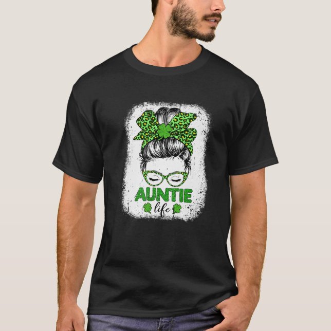 Auntie Clover Messy Bun Leopard Funny St Patrick's T-Shirt (Front)