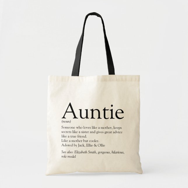 Auntie Definition Quote Black and White Tote Bag (Front)