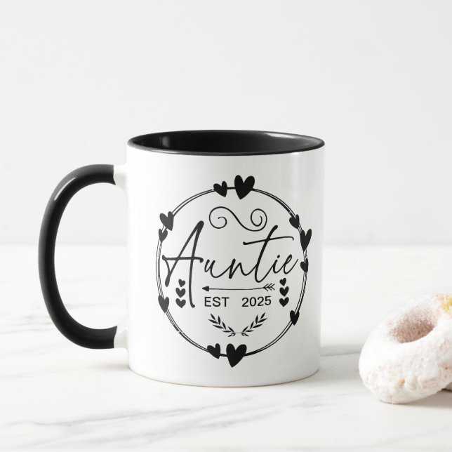Auntie Est 2025 Pregnancy Announcement Aunt Funny Mug (With Donut)